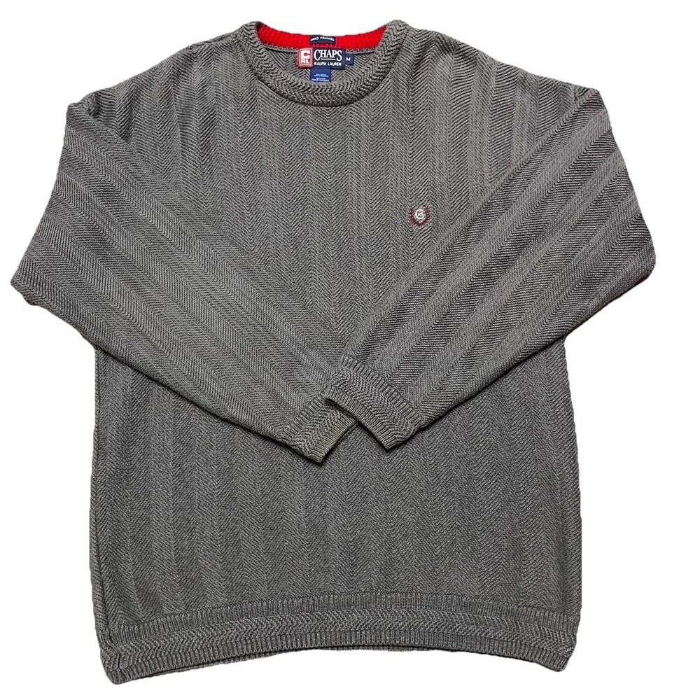 VTG Ralph Lauren Chaps Crest Mens Cable Knit Crew Neck Gray Sweater Sz. M Cotton